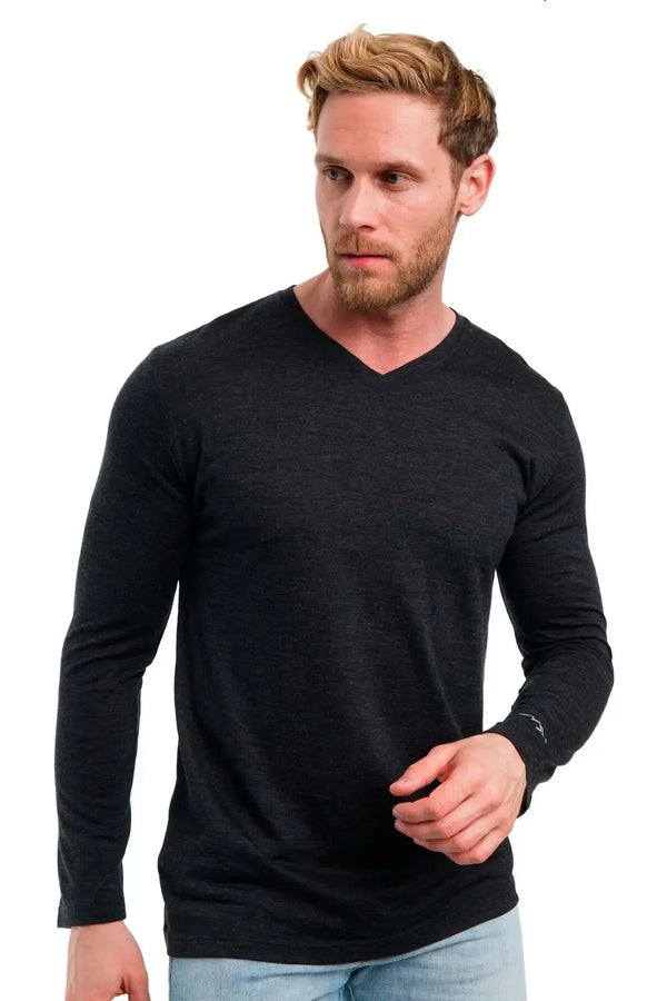 Herren Merino Langarmshirt 165 Anthrazit | V-Ausschnitt