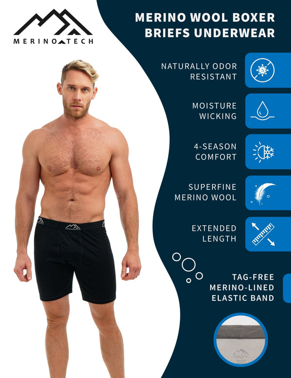 Herren Merino Boxershorts 170 Schwarz Extra Lang (1er Pack)