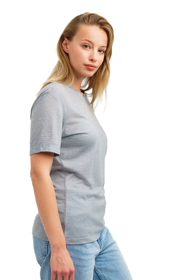 Damen Merino T-Shirt 165 Silber Gestreift | V-Ausschnitt