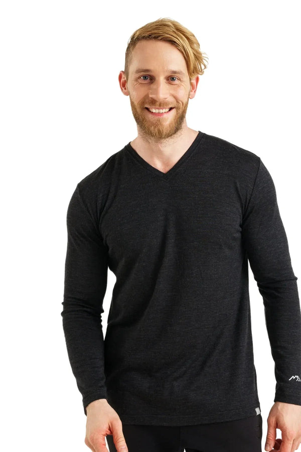 Herren Merino Langarmshirt 165 Heathered Black V-Ausschnitt