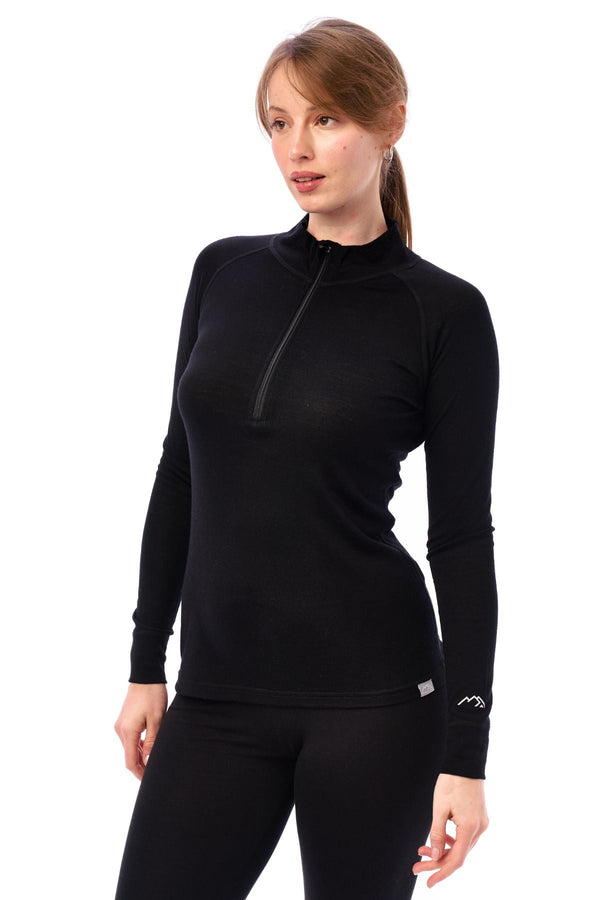 Damen Merino Half Zip Langarmshirt 165 Schwarz