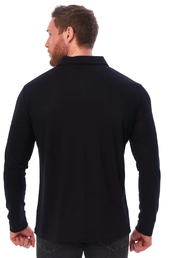 Langarm-Poloshirt aus Merinowolle für Herren in Schwarz