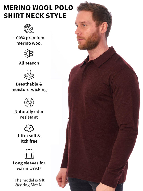 Men's Merino Wool Long Sleeve Polo Bordo