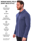 Men's Merino Wool Long Sleeve Polo Grey Blue