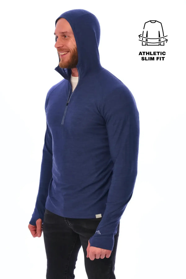 Herren-Kapuzenpullover aus Merinowolle mit halbem Reißverschluss 190 Windsor Blue