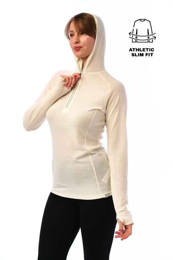 Damen-Kapuzenpullover aus Merinowolle mit halbem Reißverschluss 190 Off White
