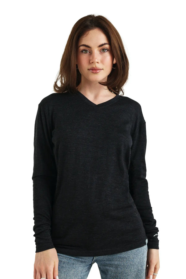 Damen Merino Langarmshirt 165 Heathered Black V-Ausschnitt