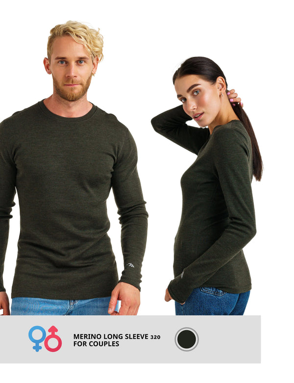 Merino Langarmshirt 320 für Paare in Armeegrün 