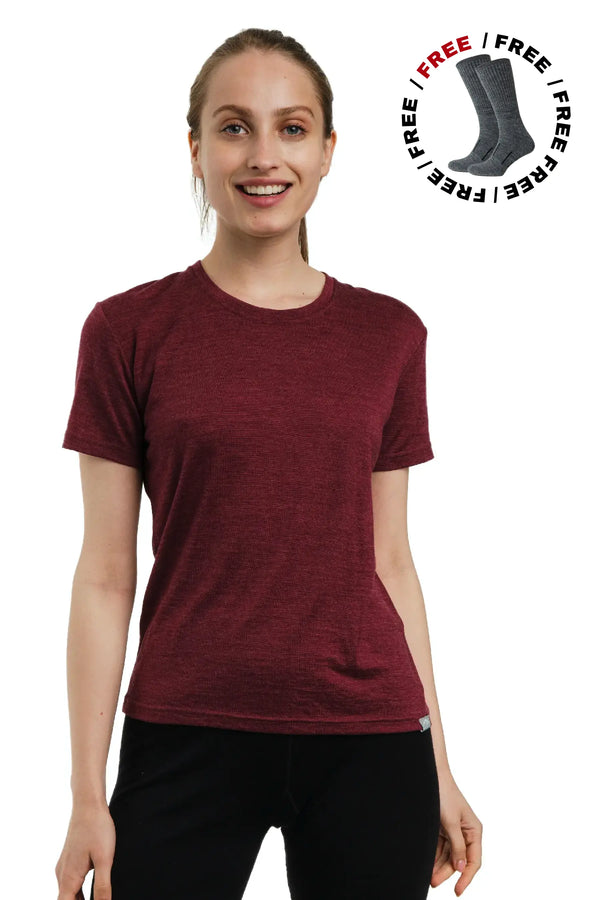 Damen Merino T-Shirt 165 Burgund | Rundhalsausschnitt (+Socken)