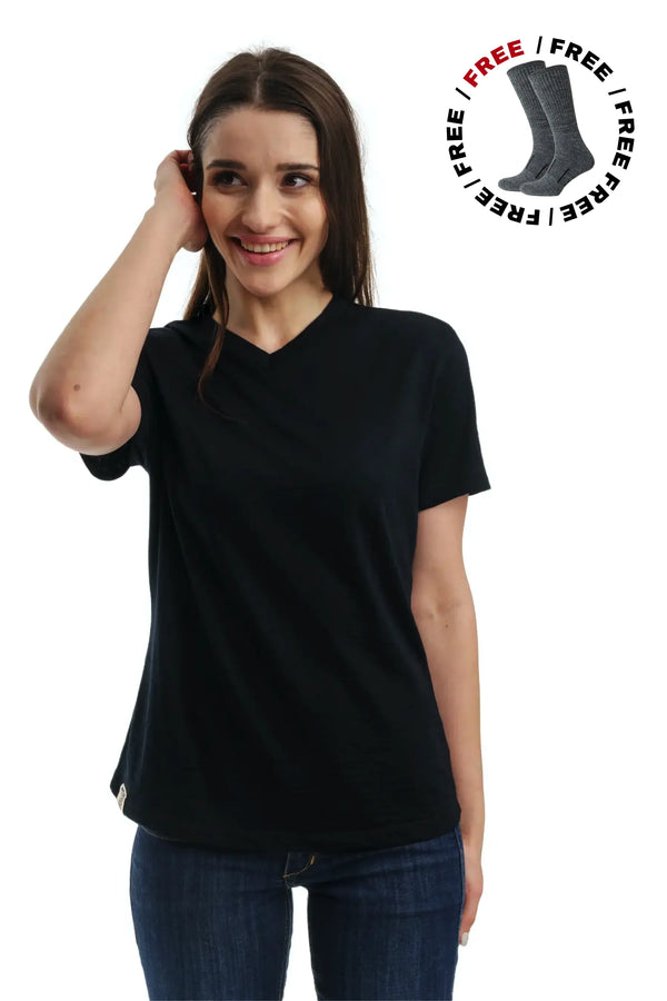Damen Merino T-Shirt 165 Schwarz | V-Ausschnitt (+Socken)