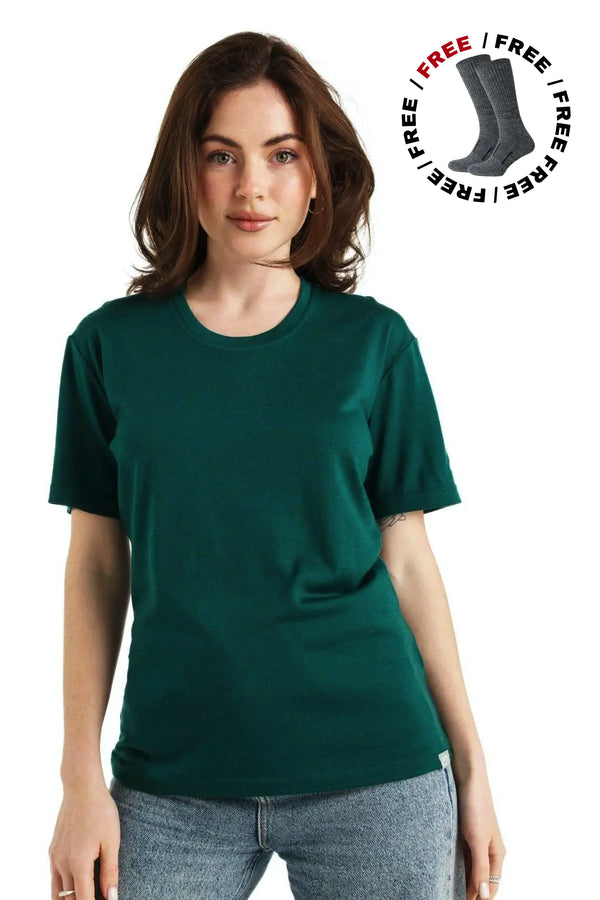 Damen Merino T-Shirt 165 Waldgrün | Rundhalsausschnitt (+Socken)