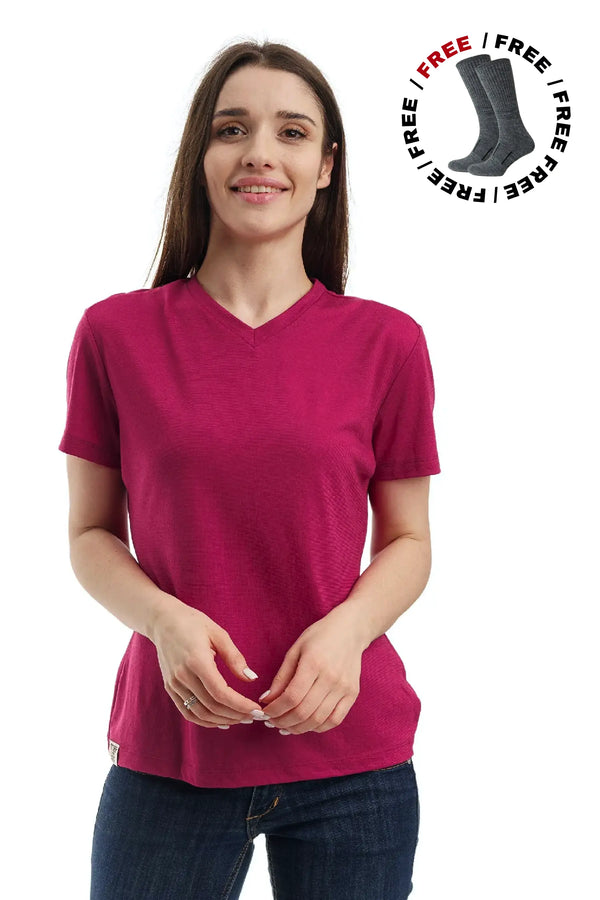 Damen Merino T-Shirt 165 Lila | V-Ausschnitt (+Socken)