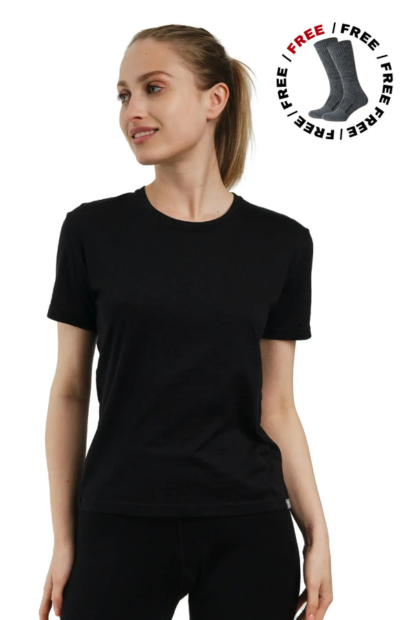 Damen Merino T-Shirt 165 Schwarz | Rundhalsausschnitt (+Socken)