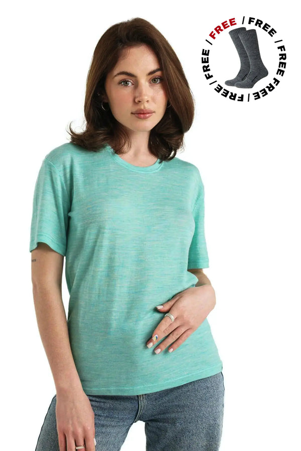 Damen Merino T-Shirt 165 Mermaid Green | Rundhalsausschnitt (+Socken)