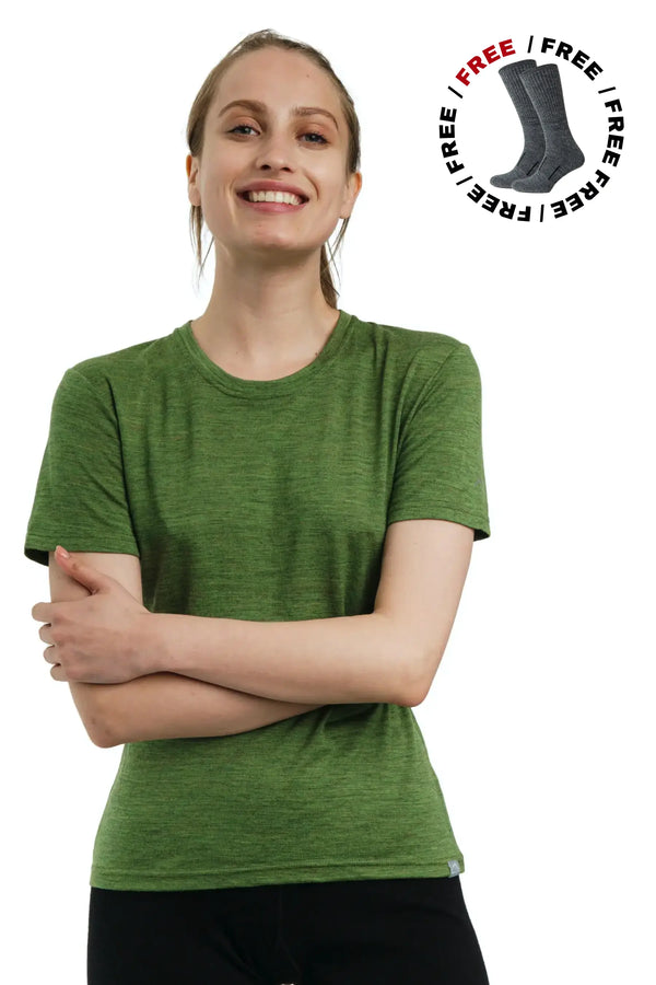 Damen Merino T-Shirt 165 Grün Oliv | Rundhalsausschnitt (+Socken)