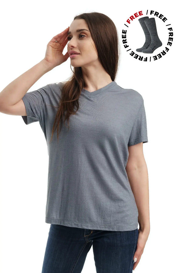 Damen Merino T-Shirt 165 Grau | V-Ausschnitt (+Socken)