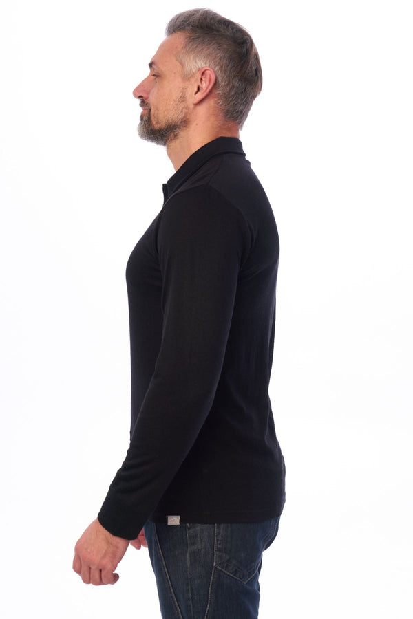 Langarm-Poloshirt aus Merinowolle für Herren in Schwarz/Tinte