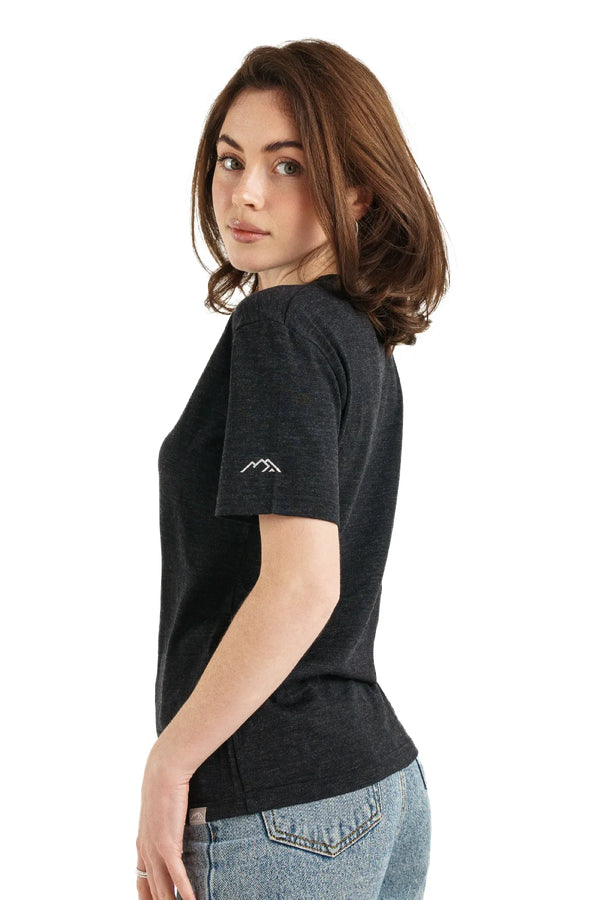Damen Merino T-Shirt 165 Melange Schwarz | V-Ausschnitt