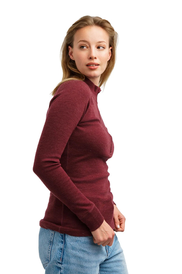 Merino Half Zip Langarmshirt 320 für Damen in Burgunderrot